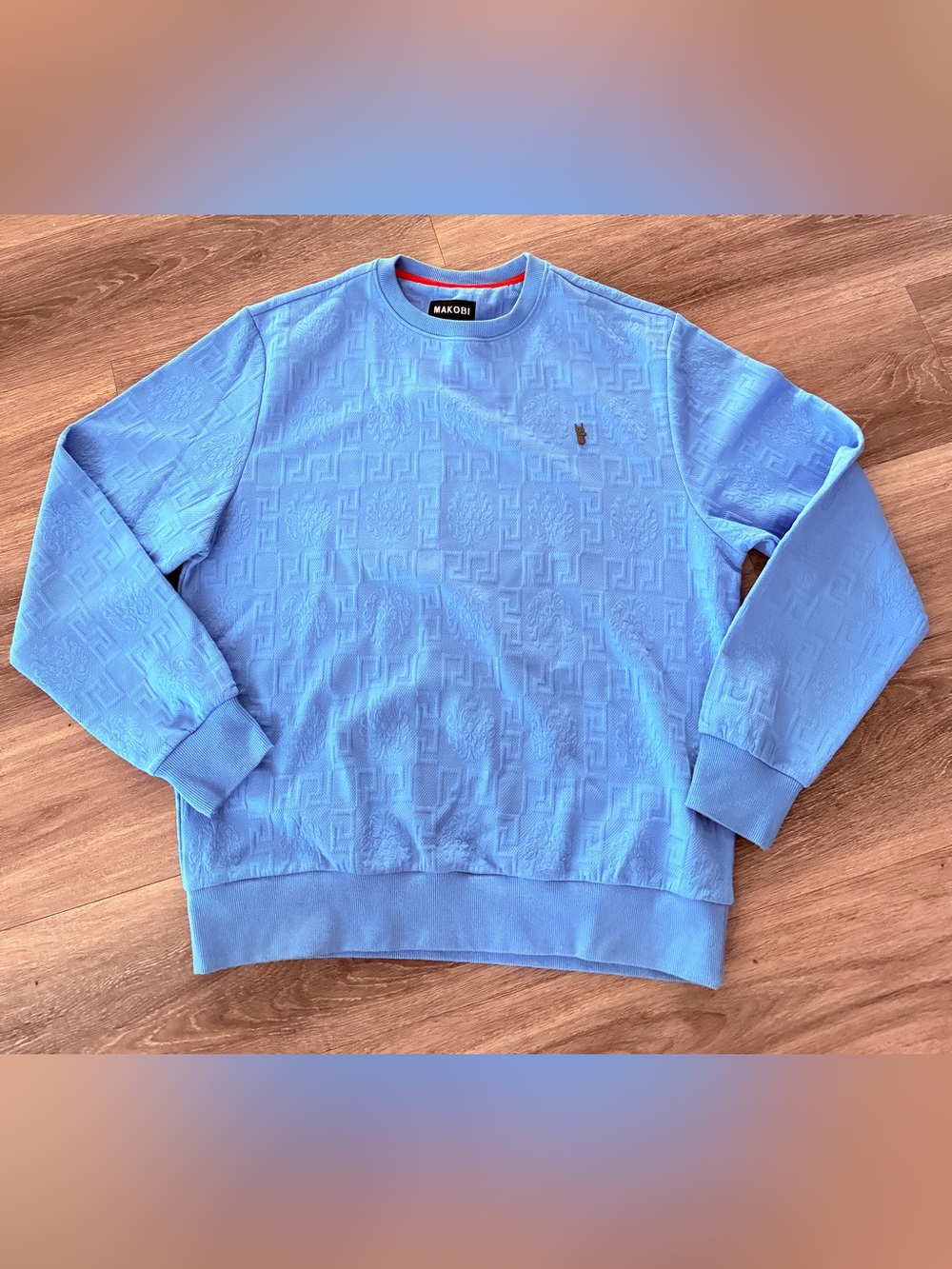 Makobi Men's Size Large Blue Bianchi Jacquard Embossed Crewneck Sweatshirt